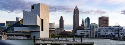 Cleveland skyline along Lake Erie at sunset