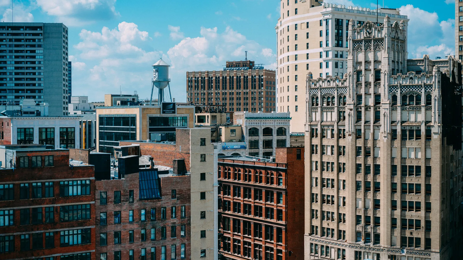 Downtown Detroit streetscape at golden hour