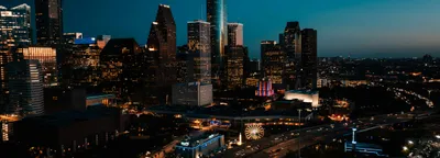 Houston skyline at dusk from Buffalo Bayou Park