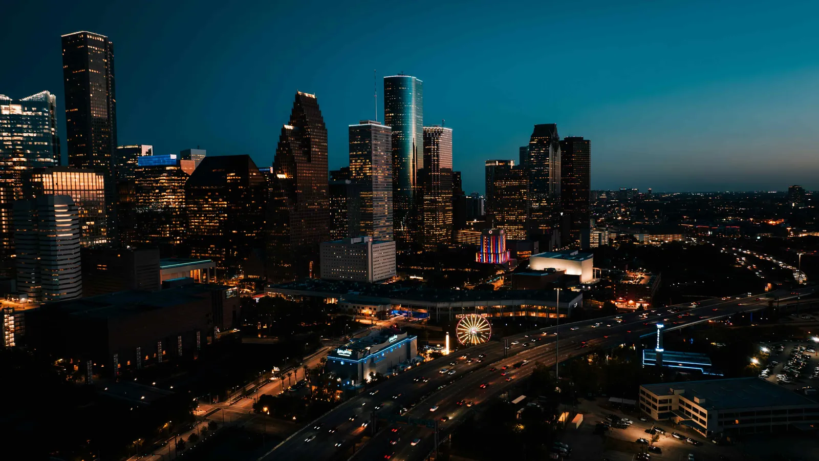 Houston skyline at dusk from Buffalo Bayou Park