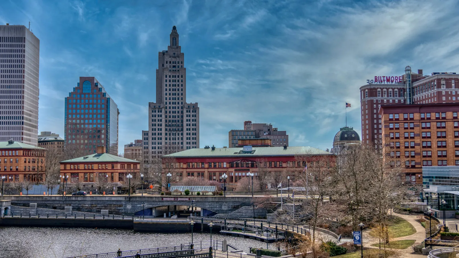 Providence skyline and WaterFire installation on the river