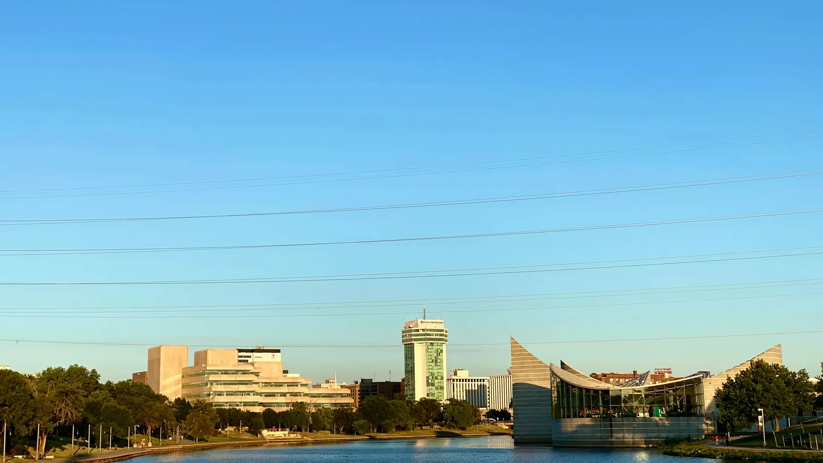 Wichita downtown skyline and Arkansas River at sunset
